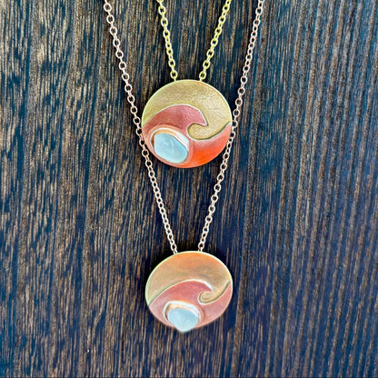 Copper wave and brass circle necklace by Rowan Berry Jewellery with genuine sea glass collected from Carnoustie beaches