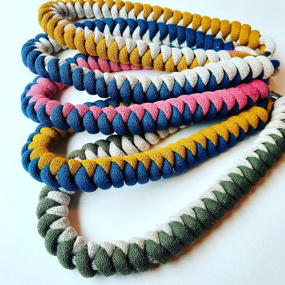 Ragged House recycled cotton two tone twist macrame necklace with Chinese snake knot statement design