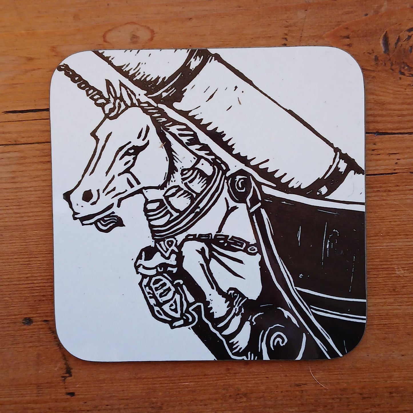 Hardwood coaster with BeeBirds Unicorn lino print artwork