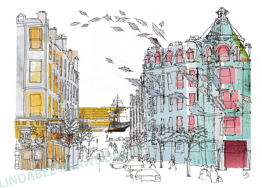 Union Street Old and New greeting card by Lindabee Draws Dundee featuring the V&amp;A Dundee and RRS Discovery