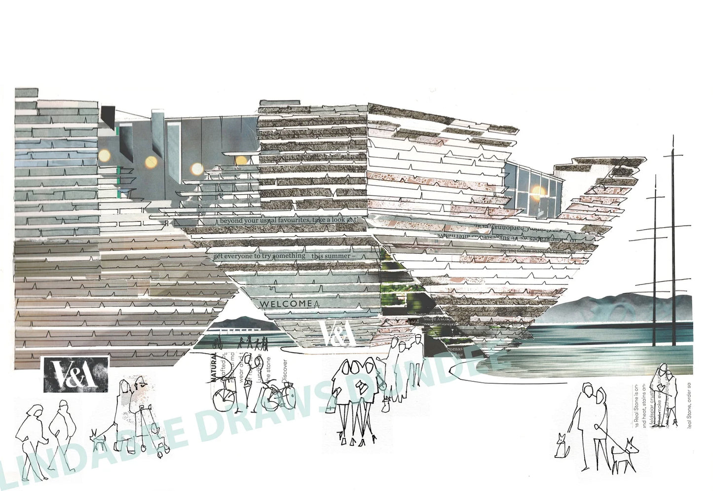 V&A Dundee greeting card by Lindabee Draws Dundee featuring the iconic museum on Dundee's waterfront