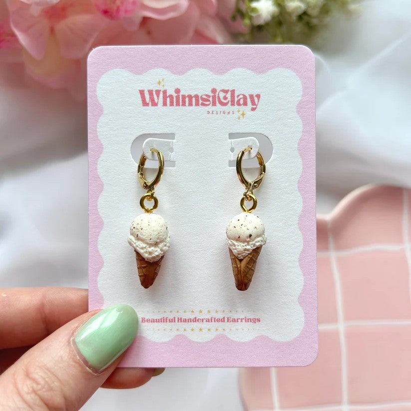 Playful polymer clay vanilla ice cream earrings with gold-plated hoops, lightweight and colourful for summer style or gifting