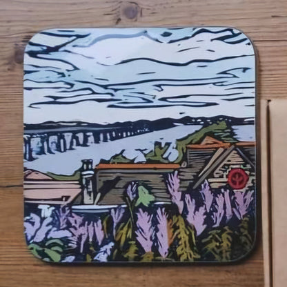 Hardwood coaster with BeeBirds View to Dundee lino print artwork