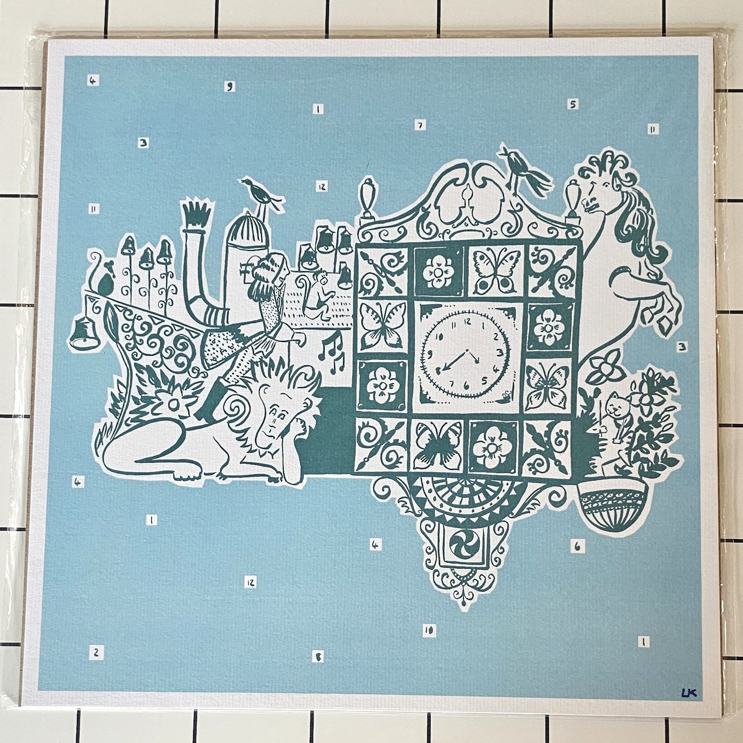 Hand-drawn Wellgate Clock art print with Light Blue background