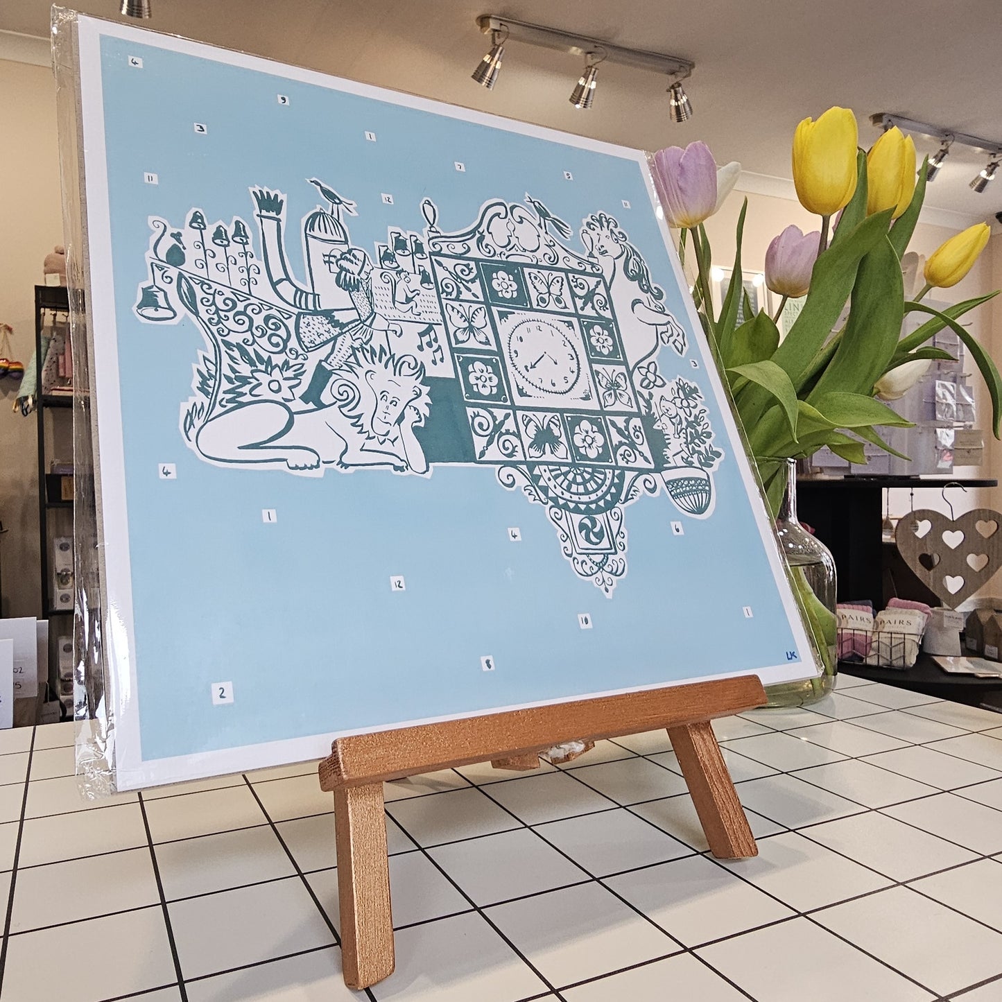 Hand-drawn Wellgate Clock art print with Light Blue background