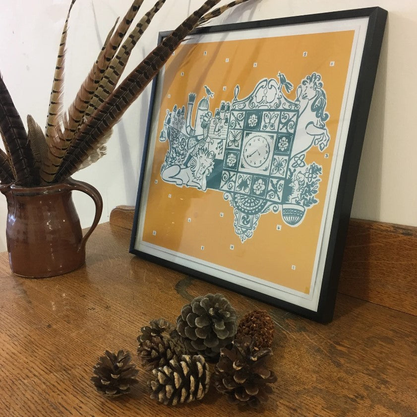 Illustrated Wellgate Clock print with Yellow background by Louise Kirby