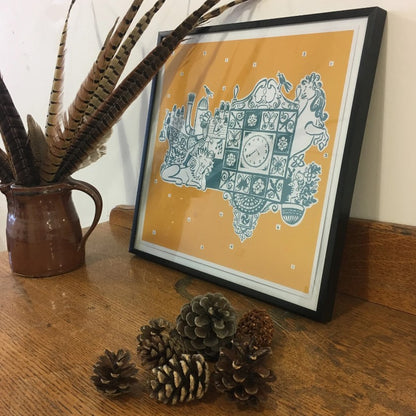 Illustrated Wellgate Clock print with Yellow background by Louise Kirby