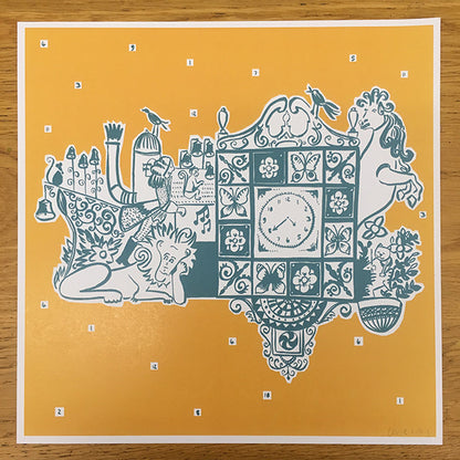 Illustrated Wellgate Clock print with Yellow background by Louise Kirby