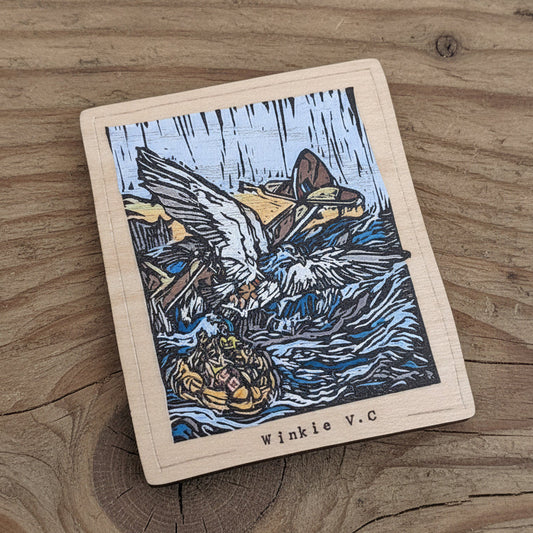 A wooden magnet featuring Winkie, the heroic Broughty Ferry RAF carrier pigeon during World War II who became the very first recipient of the Dickin Medal