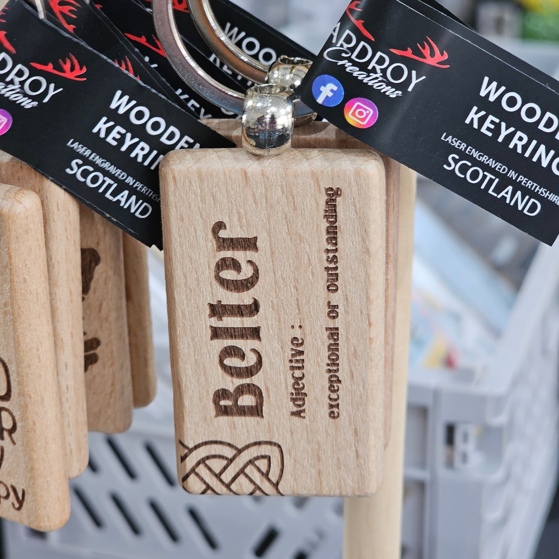 Solid beech wood keyrings by Ardroy Creations with Scottish designs, Scots words and wild swimming slogans