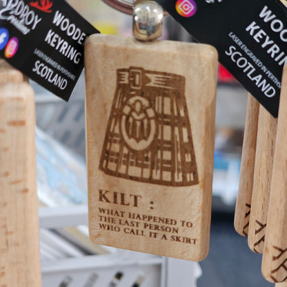 Solid beech wood keyrings by Ardroy Creations with Scottish designs, Scots words and wild swimming slogans