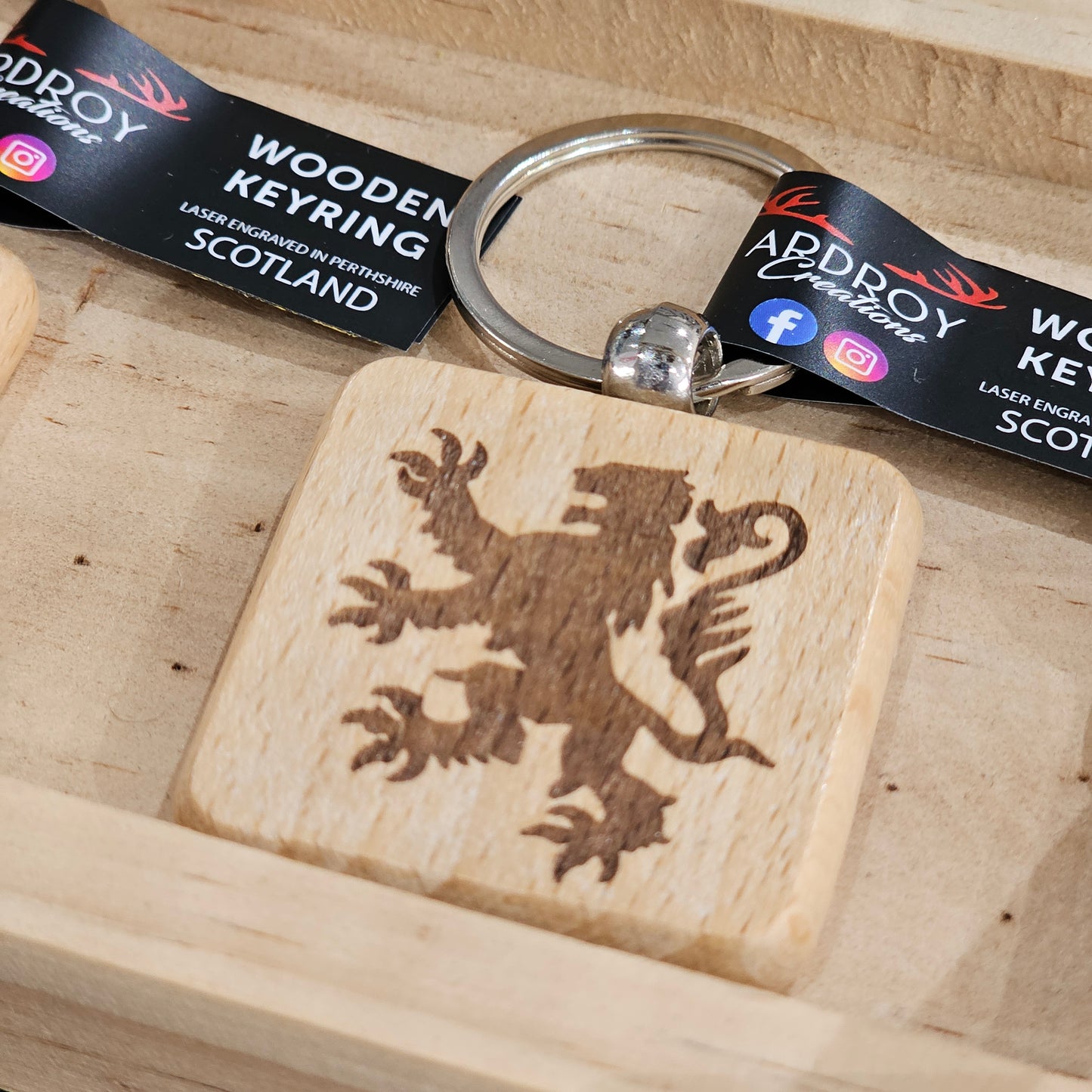 Solid beech wood keyrings by Ardroy Creations with Scottish designs, Scots words and wild swimming slogans
