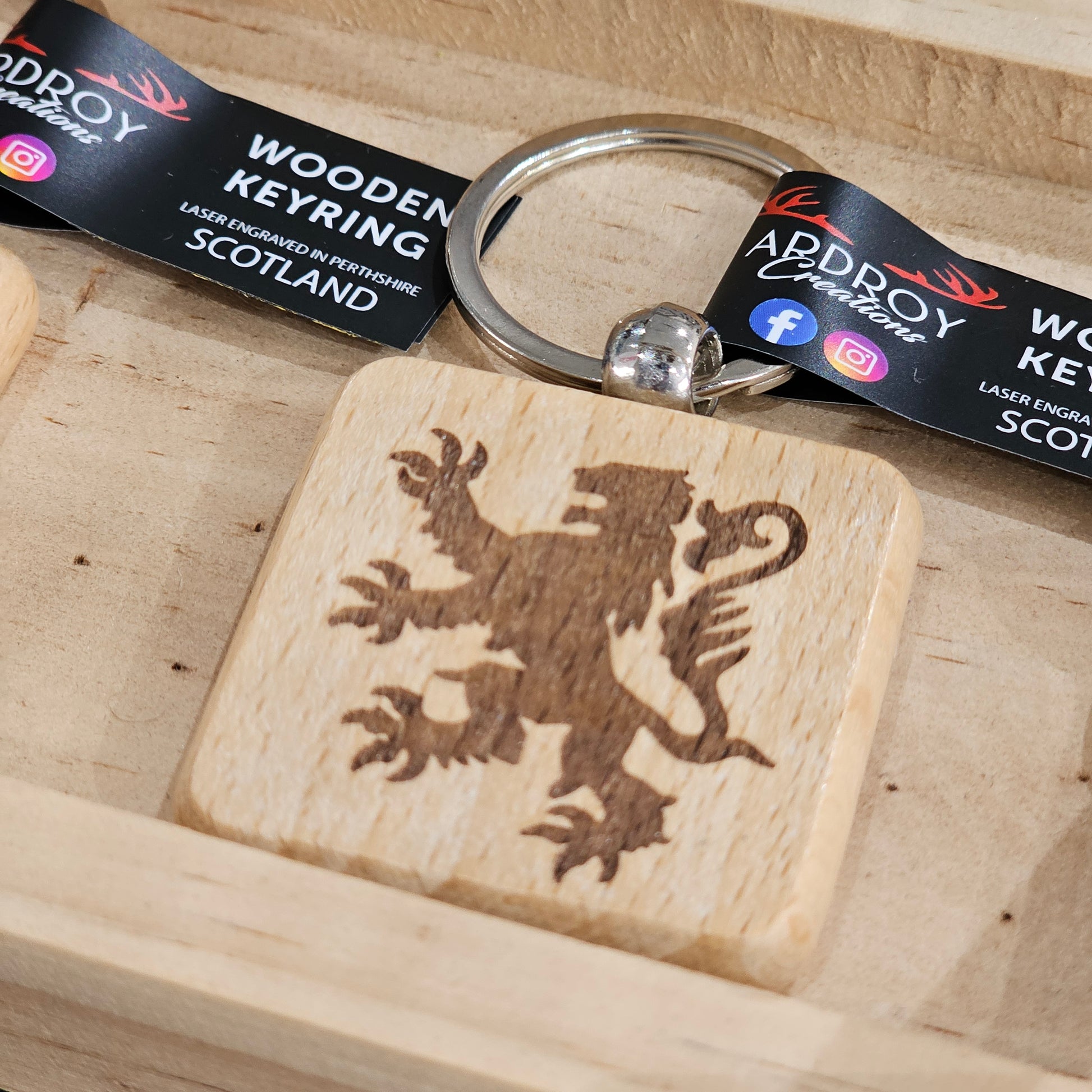 Solid beech wood keyrings by Ardroy Creations with Scottish designs, Scots words and wild swimming slogans