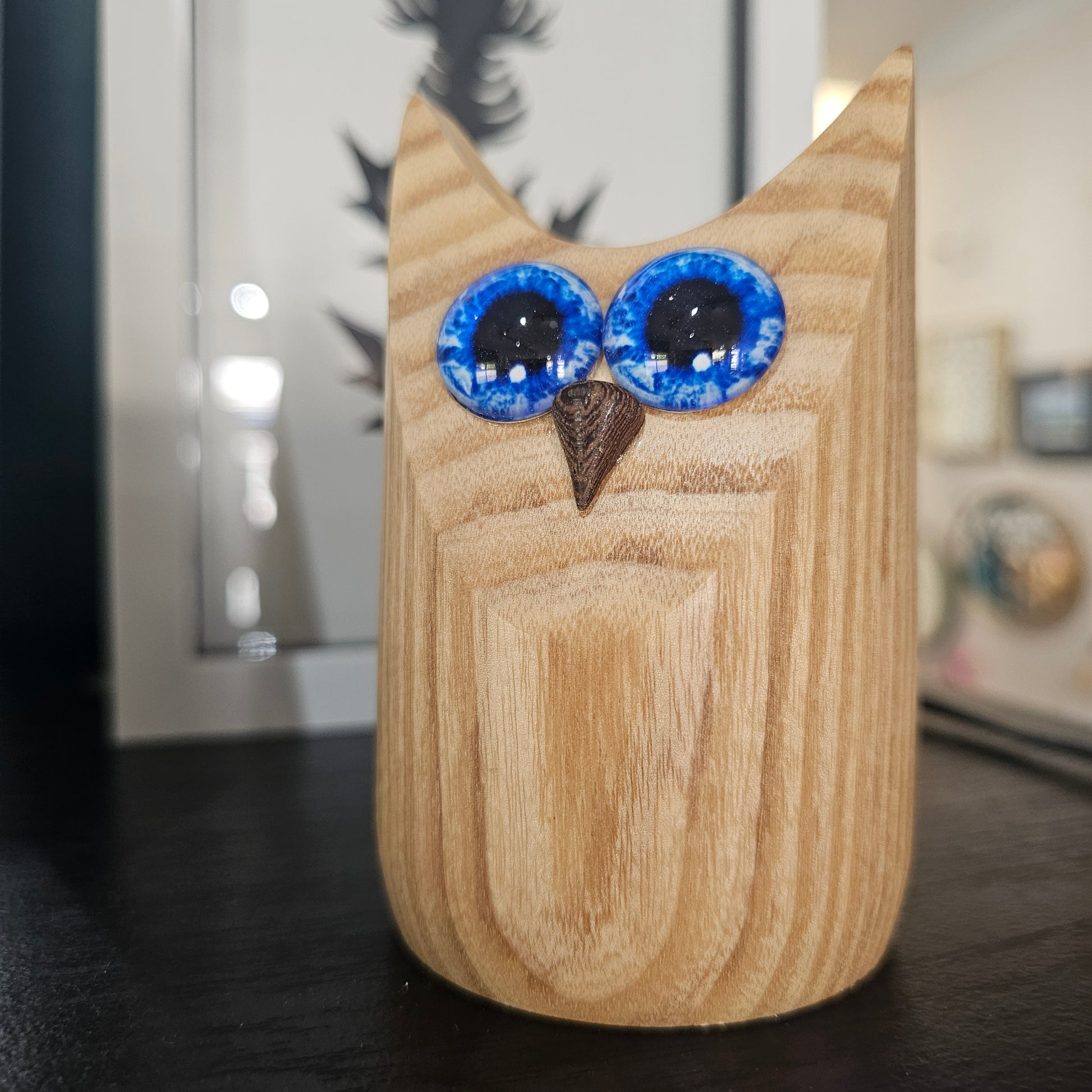 Wooden Owl Figure with glass eyes, handcrafted in Carnoustie