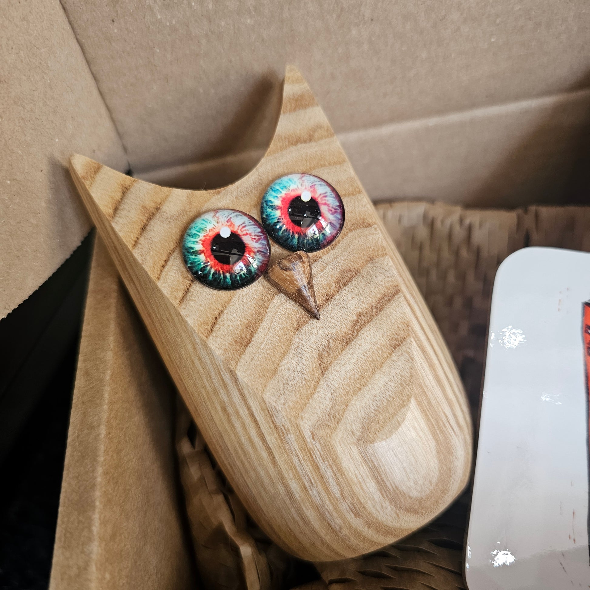 Wooden Owl Figure with glass eyes, handcrafted in Carnoustie