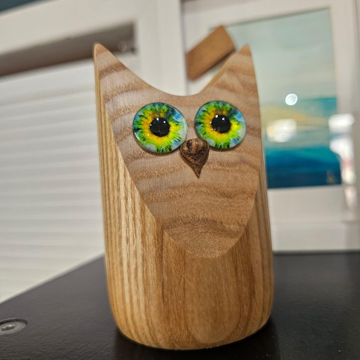 Wooden Owl Figure with glass eyes, handcrafted in Carnoustie