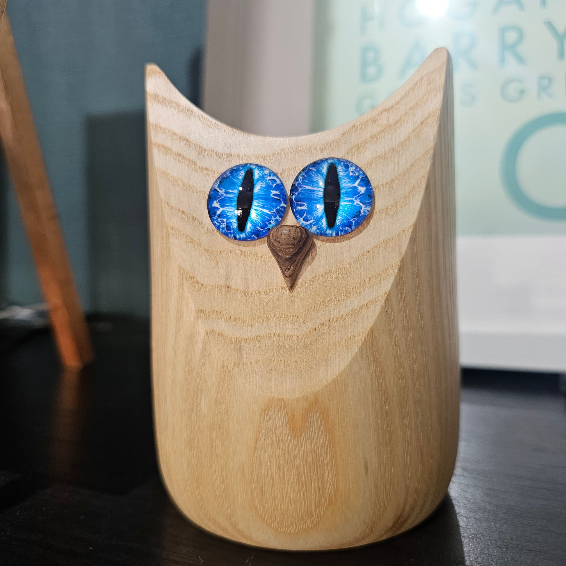 Wooden Owl Figure with glass eyes, handcrafted in Carnoustie