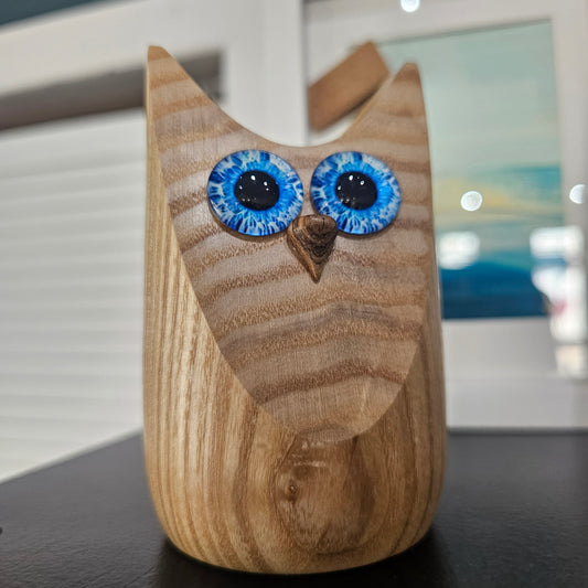 Wooden Owl Figure with glass eyes, handcrafted in Carnoustie