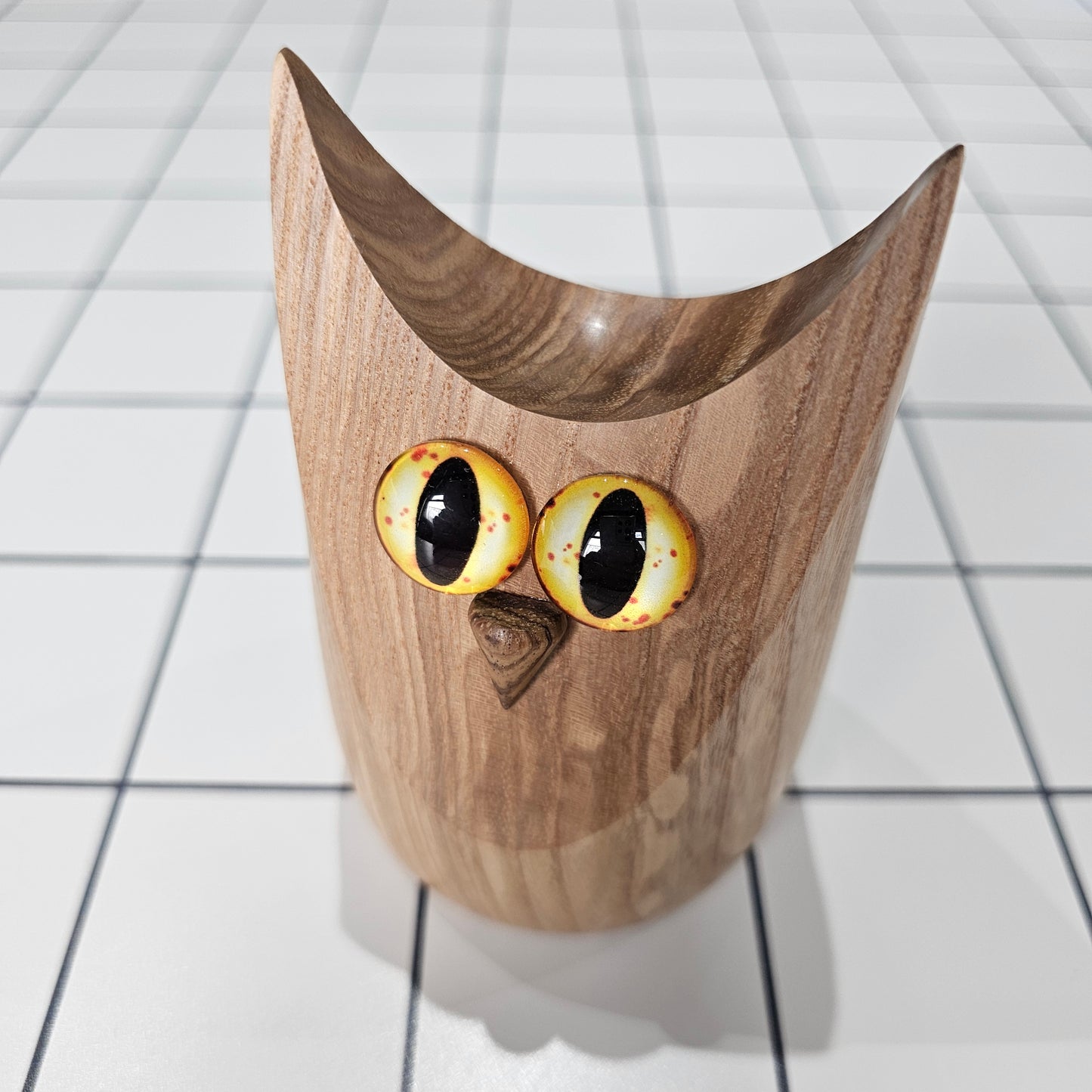 Wooden Owl handmade in Carnoustie with coloured glass eyes