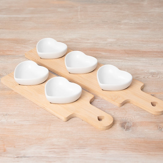 Wooden snack trays with ceramic heart-shaped dishes available in two or three bowl sizes for serving snacks and dips
