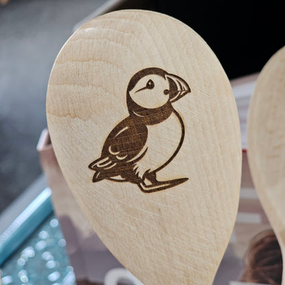 Scottish solid beech wooden spoon by Ardroy Creations with Puffin design