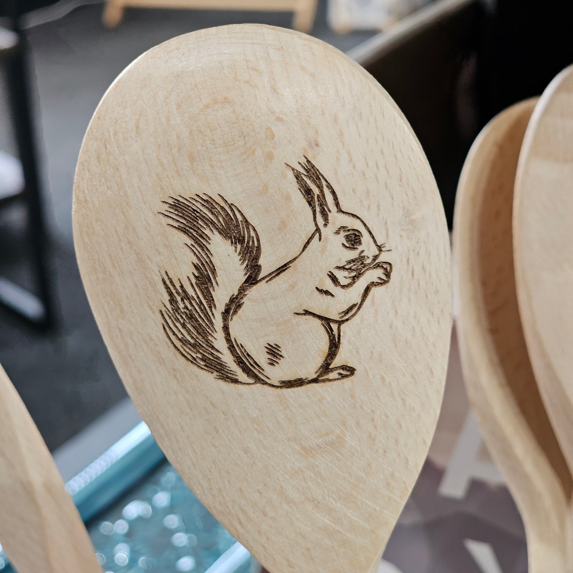 Scottish solid beech wooden spoon by Ardroy Creations with Red Squirrel design