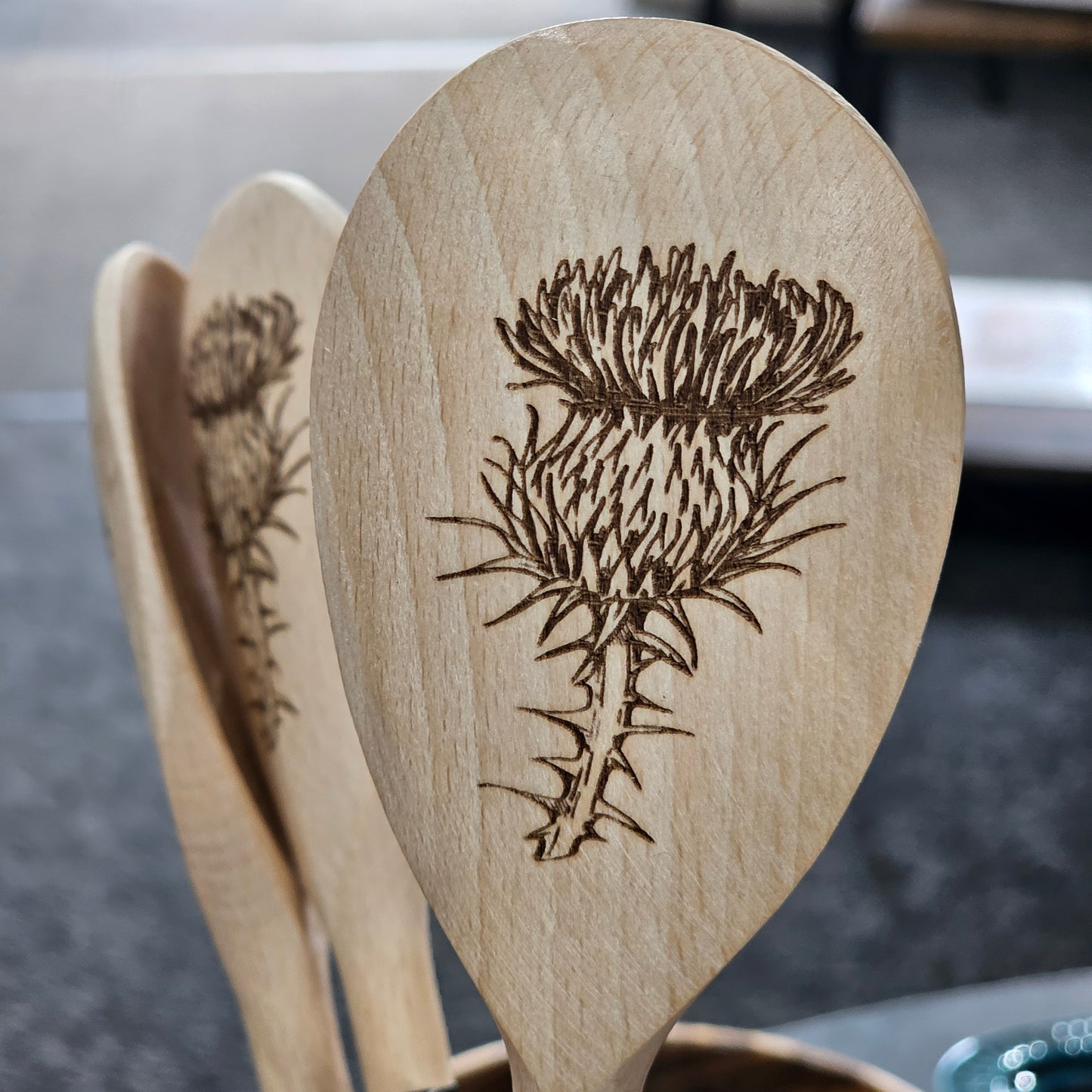 Scottish solid beech wooden spoon by Ardroy Creations with Thistle design