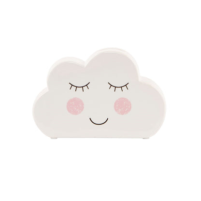 A white money box shaped like a cloud, featuring a hand-painted smiley face with rosy cheeks. The dimensions are approximately 16.5cm long.