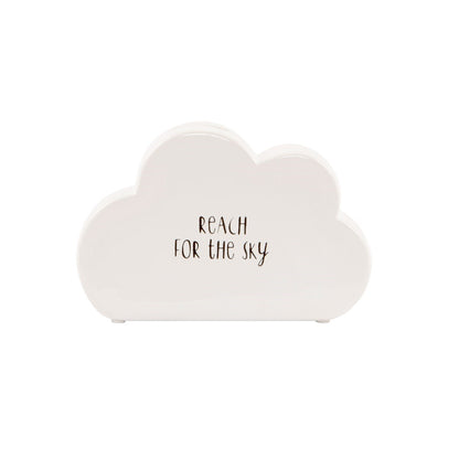 A white money box shaped like a cloud, featuring a hand-painted Reach for the Sky message. The dimensions are approximately 16.5cm long.