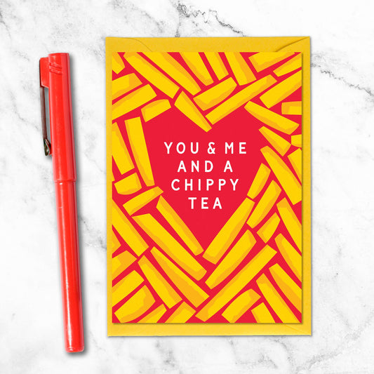 You & Me and a Chippy Tea card by Stoats & Weasels featuring a golden chip pattern and romantic message