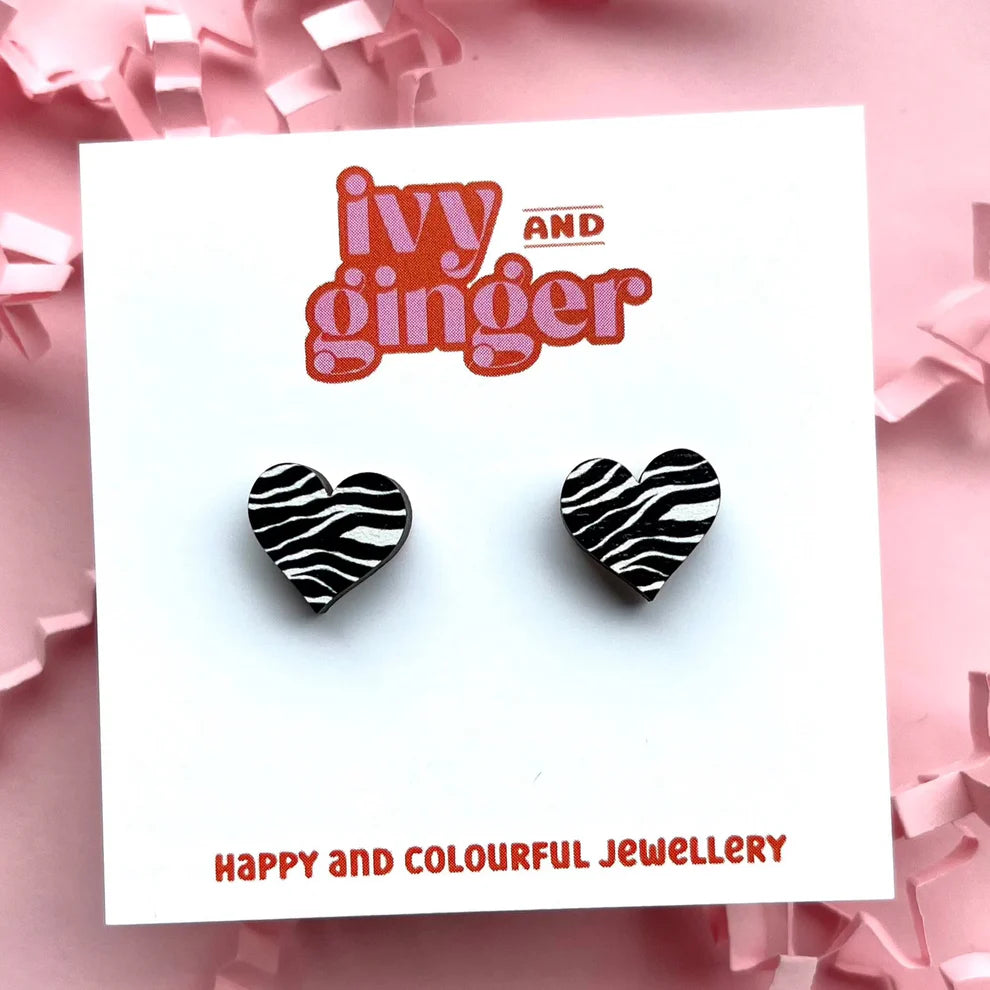 ZEBRA PRINT HEART STUDS