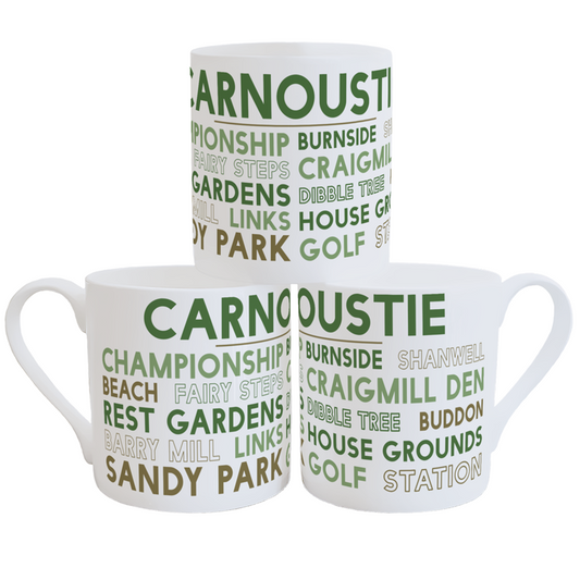 13oz ceramic mugs with Carnoustie landmarks in various green fonts