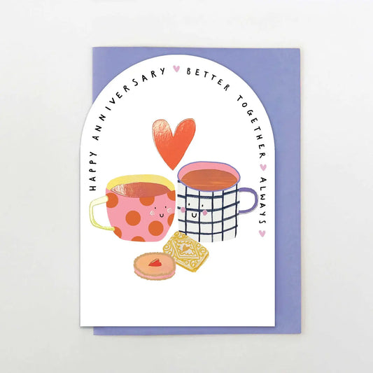 Anniversary card with mugs and biscuits, UV detail and iris blue envelope
