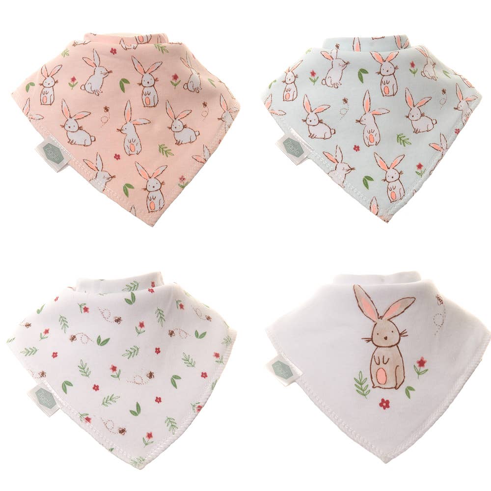 Set of four pink bunny baby bandana bibs with cotton top layer and fleece backing