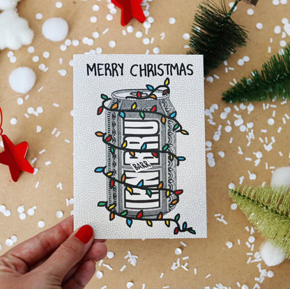 Irn Bru Christmas card by Kilo Papa Studio featuring hand-drawn festive can design on recycled paper with Kraft envelope.