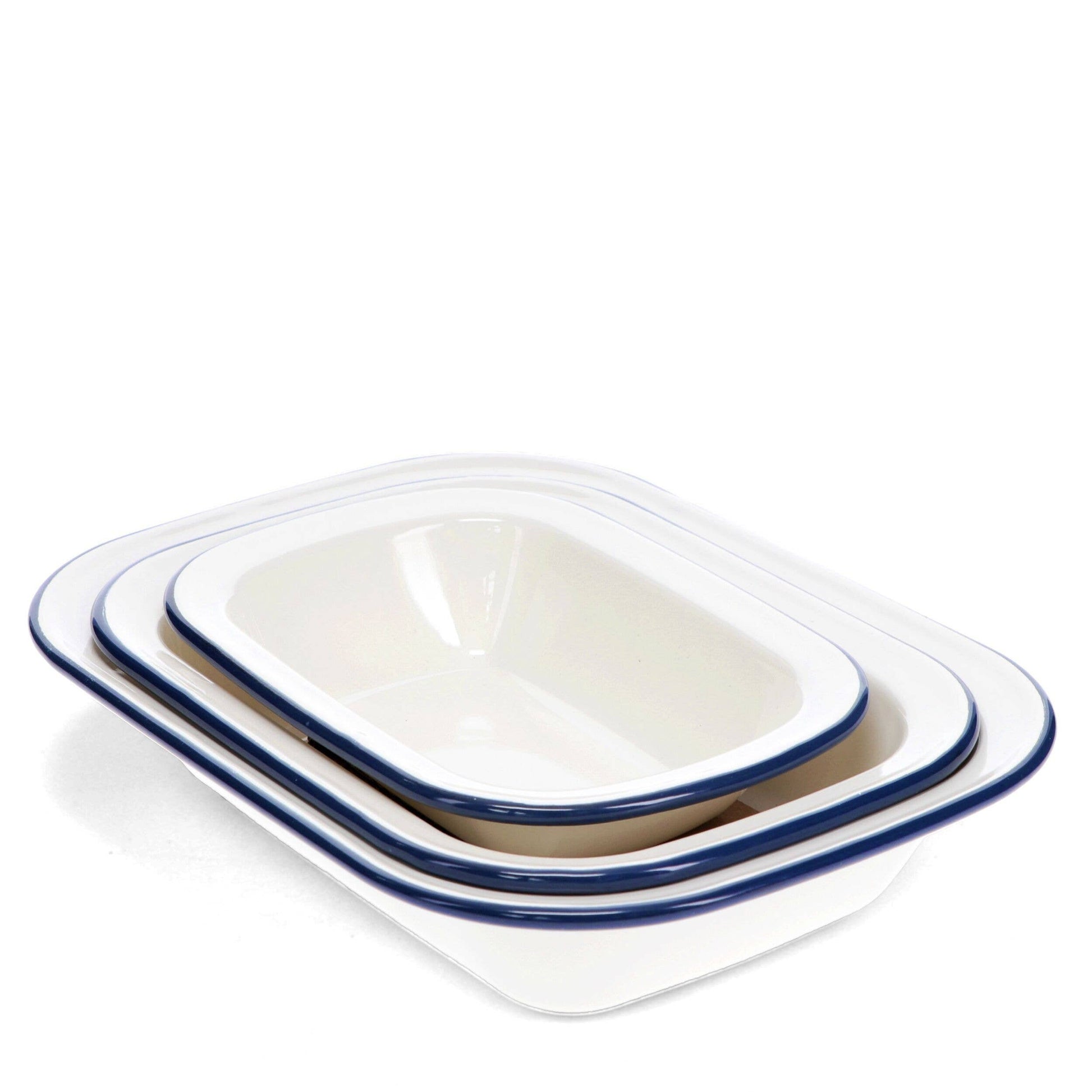 Set of three white enamel pie dishes with blue rim in assorted sizes