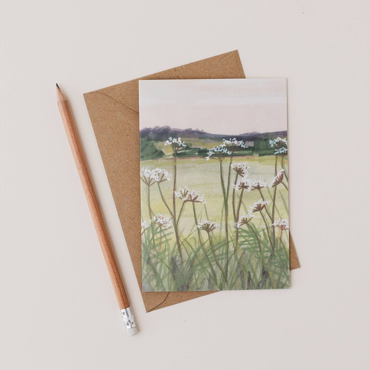 Luxury A6 cow parsley floral greetings card with mixed media illustration, blank inside, printed on 350gsm UK card with recycled Kraft envelope