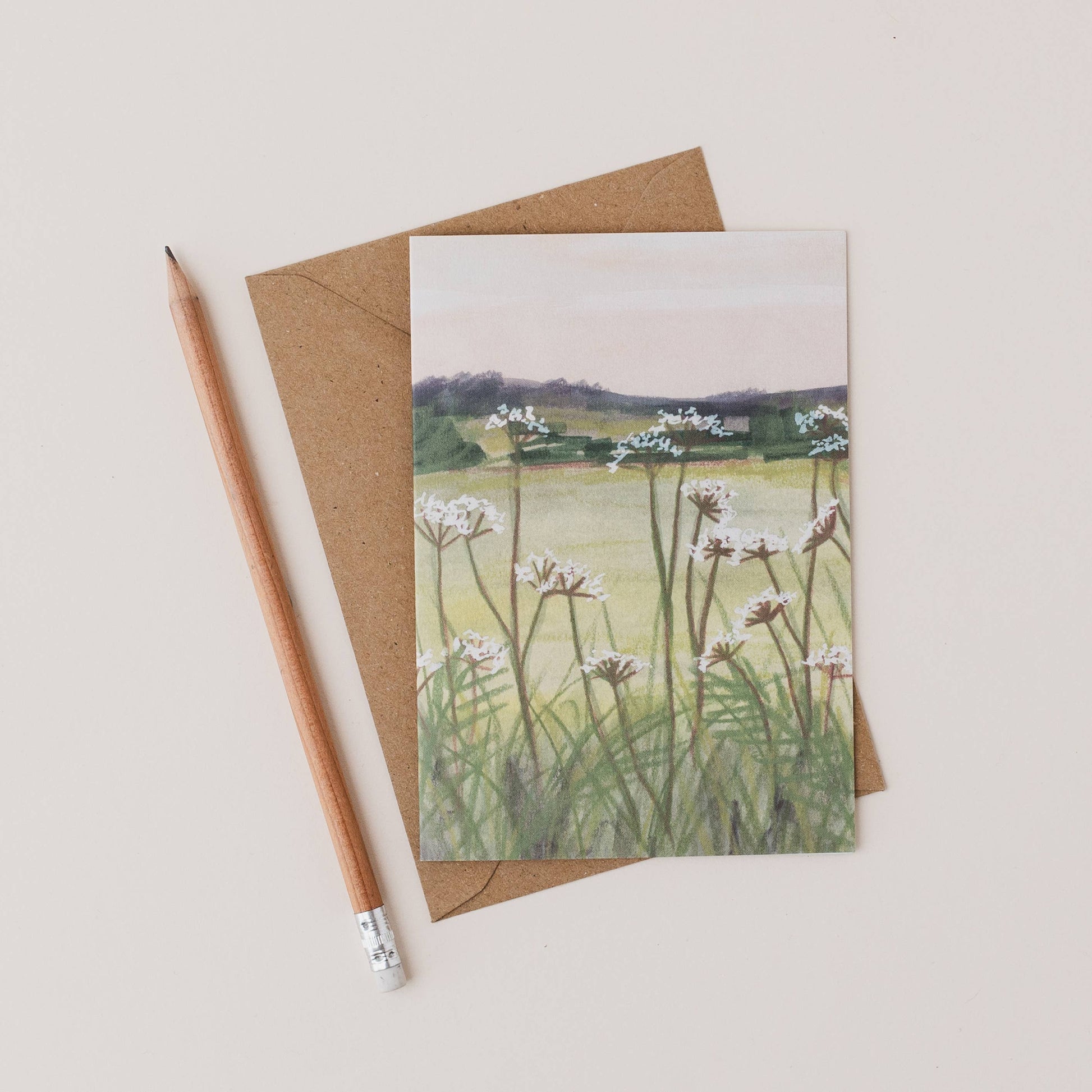Luxury A6 cow parsley floral greetings card with mixed media illustration, blank inside, printed on 350gsm UK card with recycled Kraft envelope