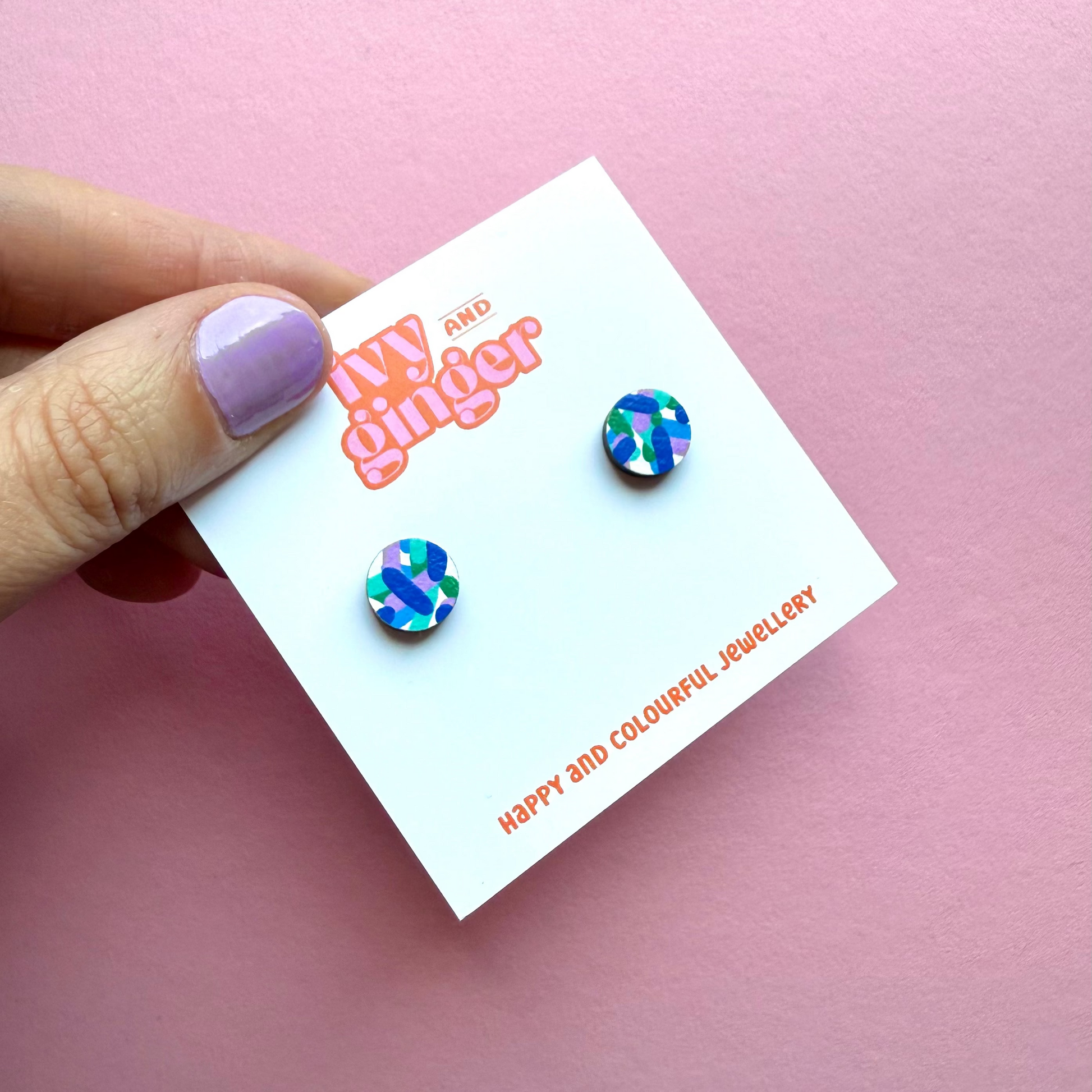 Hand painted confetti circle wooden stud earrings, FSC wood, 10mm, surgical steel posts, colourful, lightweight, gift-ready.