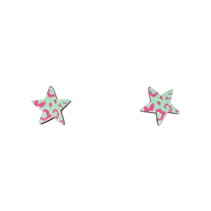 Mint green and pink leopard print star-shaped stud earrings made from FSC wood with surgical steel posts.
