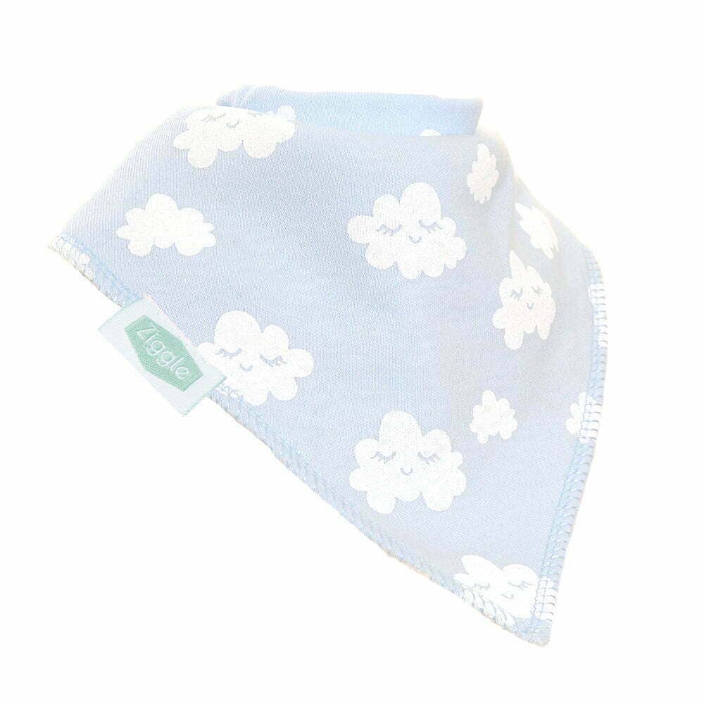 Baby bib with white cloud pattern on a light blue background