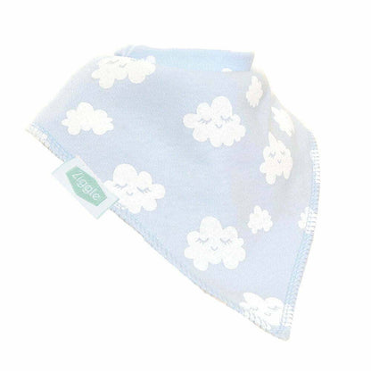 Baby bib with white cloud pattern on a light blue background