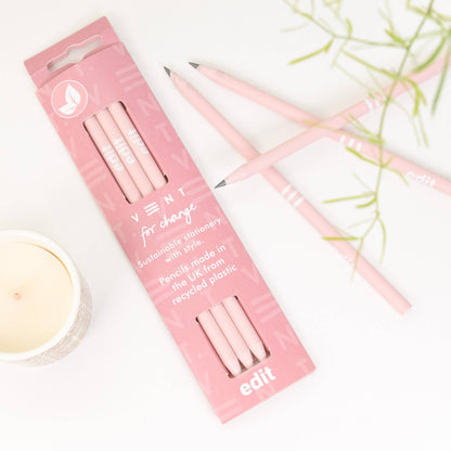 EDIT pink pencil sleeve with 3 recycled graphite pencils made from CD cases, eco-conscious and beautifully packaged