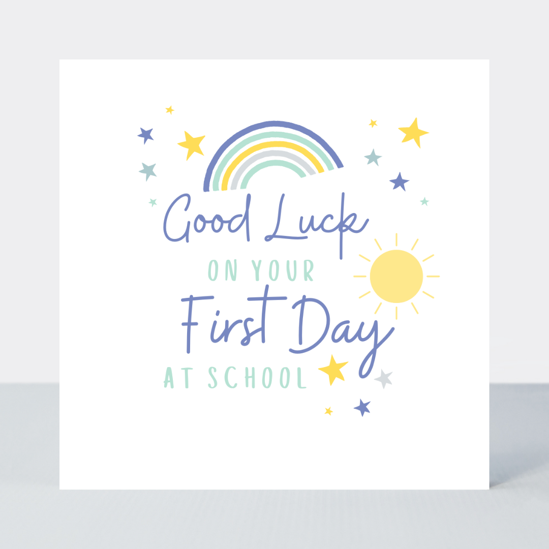 Colourful rainbow Blue First Day of School card for kids, printed in the UK on FSC paper with compostable wrap and eco packaging.