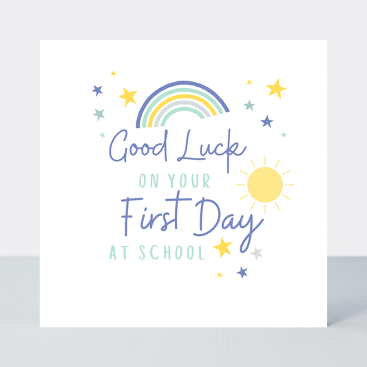 Colourful rainbow Blue First Day of School card for kids, printed in the UK on FSC paper with compostable wrap and eco packaging.