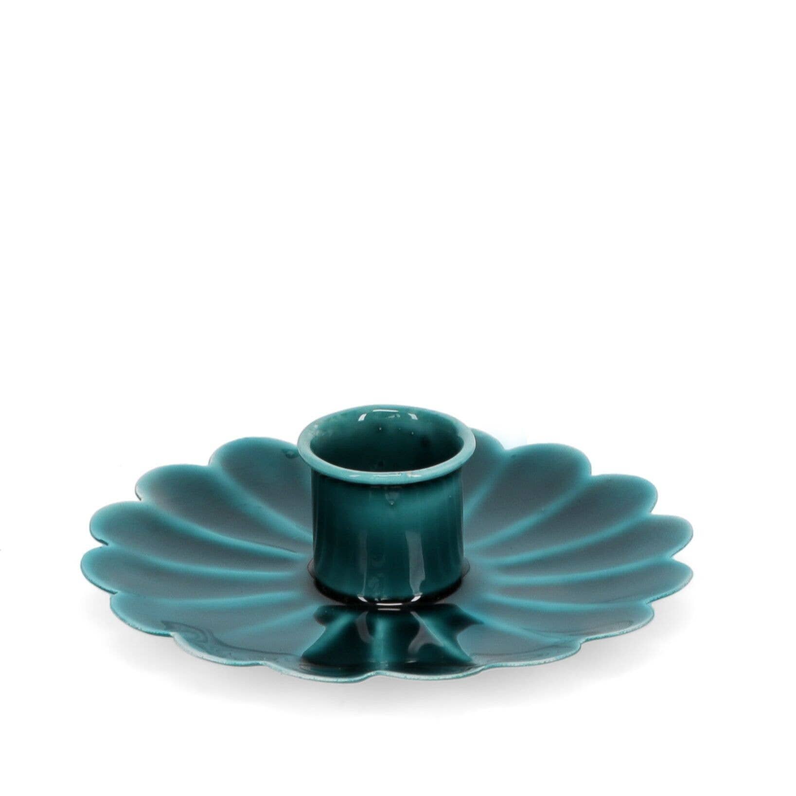 Teal Blue enamel cast metal candle holder with flat flower-shaped pan and foam-padded base