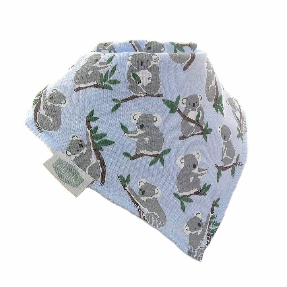 Baby bib with koala pattern on a light blue background