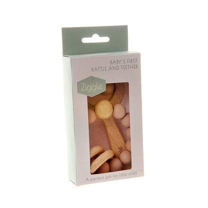 Ziggle natural beech wood baby teether with soft BPA free silicone beads in Blush for soothing teething gums.