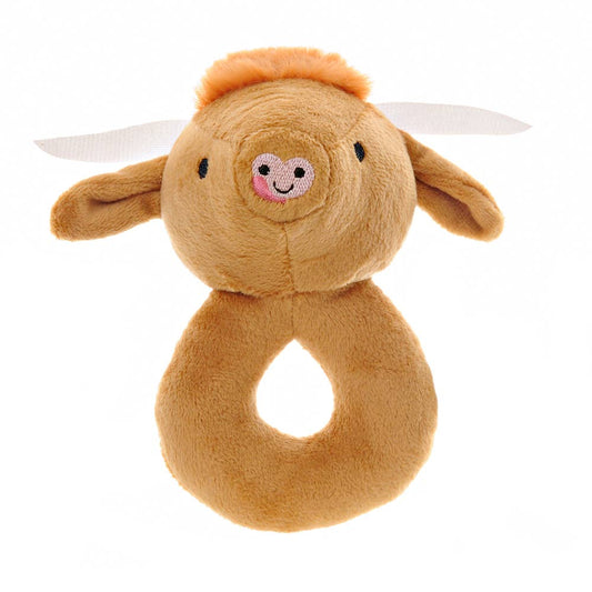 Soft Highland Cow plush baby rattle with gentle sensory sound, perfect for newborns