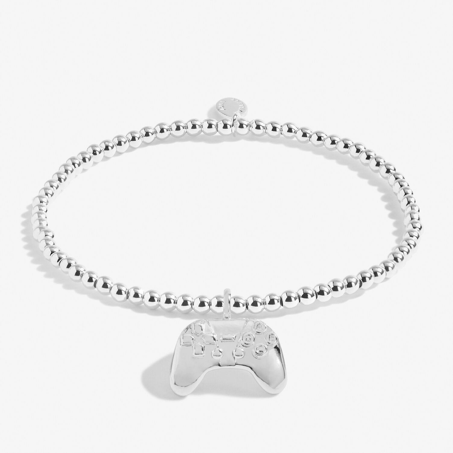 'Girl Gamer’ bracelet with gaming controller shaped charm. Silver-plated, stretch fit, and gift boxed